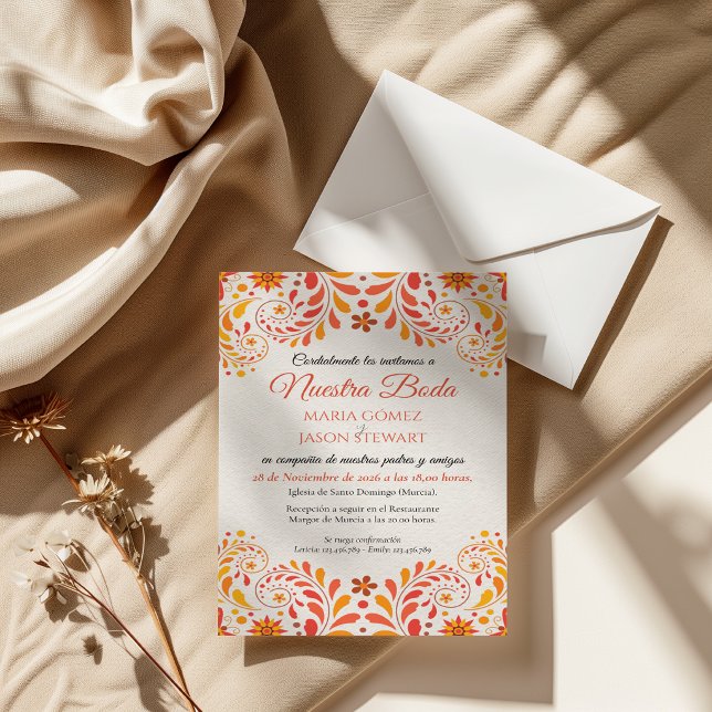 Orange Röd Gul Fjäril Blommig Spansk Bröllopsfest Inbjudningar (Orange Red Yellow Butterfly Floral Spanish Wedding Invitation)