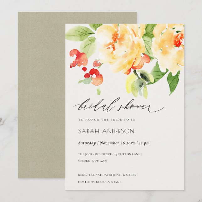 ORANGE RÖD ROS AKVARELL BLOMSTER BRÖLLUPSDUSCH INBJUDNINGAR (Fram/baksida)