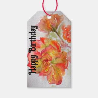 Orange Röd Ros Blomma Vattenfärg Kvinnas Födelseda Presentetikett