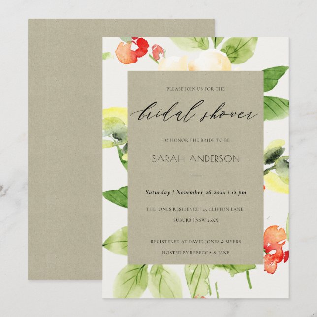 ORANGE RÖD ROS VATTENFÄRGBLOMMIGT MÖHIPPA INBJUDNINGAR (Fram/baksida)