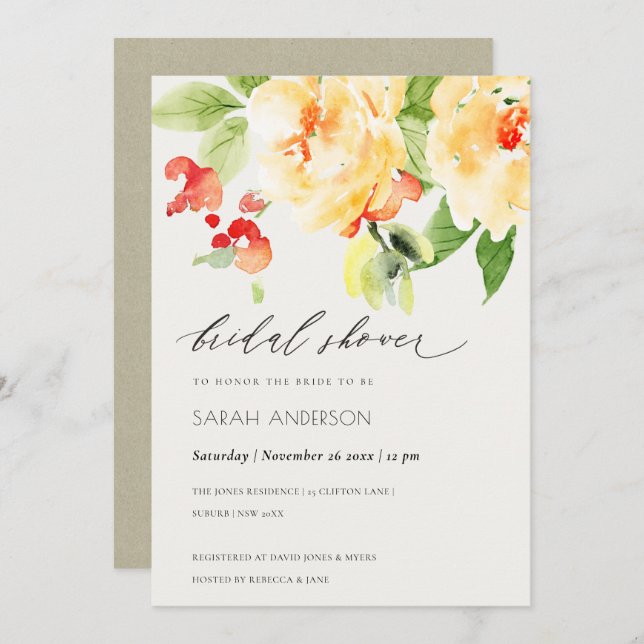 ORANGE RÖD ROS VATTENFÄRGBLOMMIGT MÖHIPPA INBJUDNINGAR (Fram/baksida)