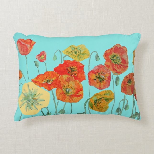 Orange Röd Shabby Vallmo Poppies Dekor Aqua Prydnadskudde (Framsidan)