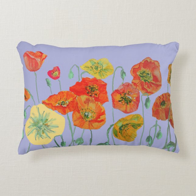Orange Röd Shabby Vallmo Vallmor Lavendel Lila Prydnadskudde (Framsidan)