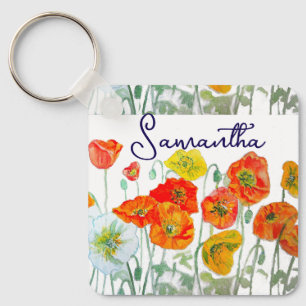 Orange röd vallmo blommönster tack nyckelring