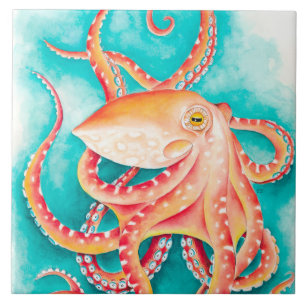 Orange Röda tentakler Octopus Vattenfärg Kakelplatta