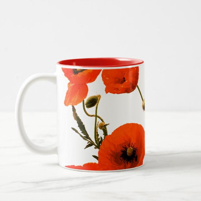 Orange röda vallmoväxter akvarell blomsterpresent Två-Tonad mugg (Vänster)