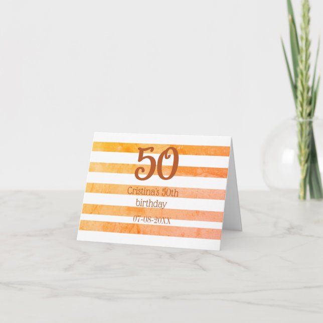 Orange rödrandig 50-års brun namnrretro tack kort (Framsida)