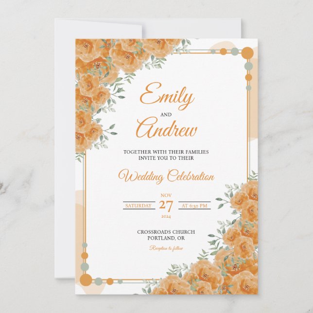 Orange Ros Pärl Elegant Blommig Akvarell Bröllop Inbjudningar (Framsida)