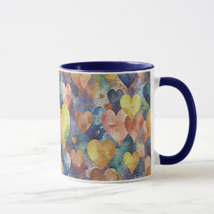 orange rosa blå gula hjärtan mugg