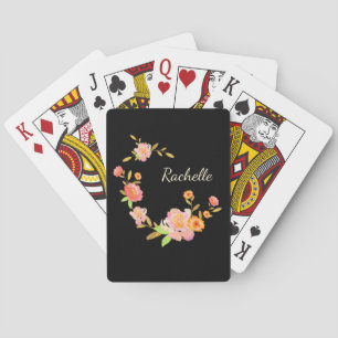Orange & rosa blom- beställnings- Monogram som Casinokort