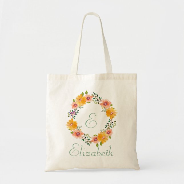 Orange Rosa Blommig Brudtärna Monogram Namn  Tygkasse (Framsidan)