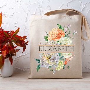 Orange Rosa Blommigt Bridesmaid Monogram Namn Tote Tygkasse