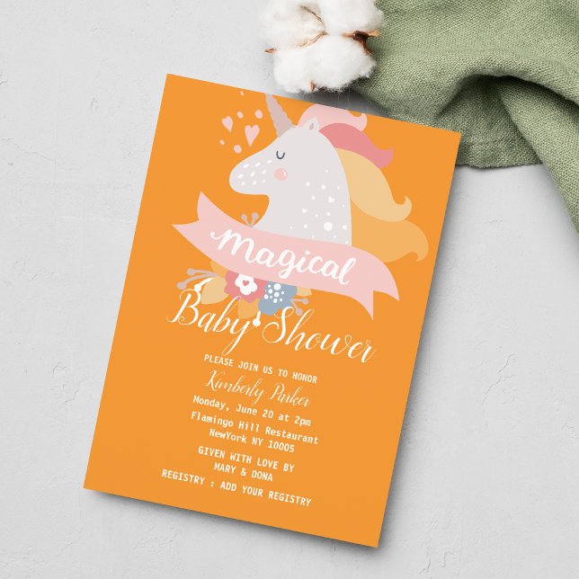 Orange rosa blommigt för  för enhörnighet, babyklä inbjudningar (Orange pink magical unicorn floral Baby Shower )