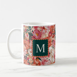 Orange Rosa Blommönster Monogram Kaffemugg