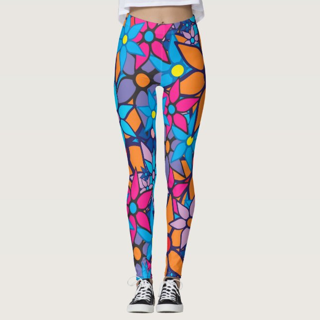 Orange Rosa Blue Blommigt Leggings (Framsida)