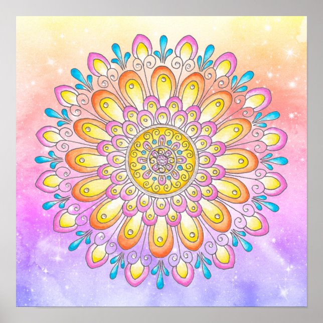 Orange Rosa Blue Blommigt Watercolor Mandala Poster (Framsidan)