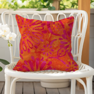 Orange Rosa Boho Batik Blommönster Kudde