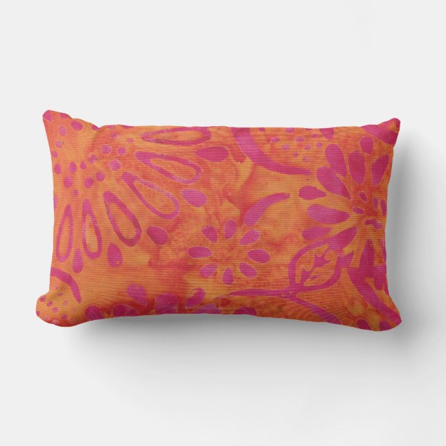 Orange Rosa Boho Batik Blommönster utomhus Lumbarkudde (Framsida)