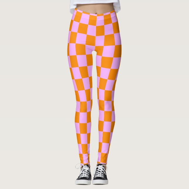 Orange + Rosa Checkboard Mönster Leggings (Framsida)