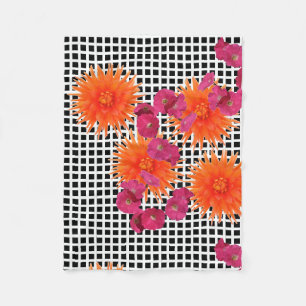 Orange Rosa Flowers B/W Check Fleece Blanket