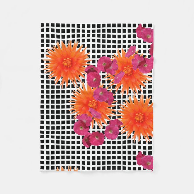 Orange Rosa Flowers B/W Check Fleece Blanket (Framsidan)