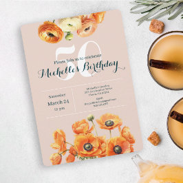 Orange Rosa Garden Blommigt 50:e Födelsedagsfesten Inbjudningar