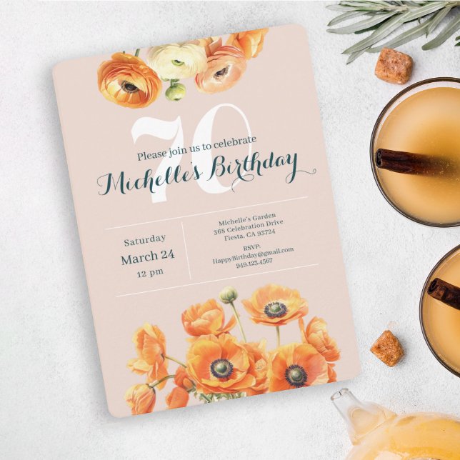 Orange Rosa Garden Blommigt 70:e Födelsedagsfesten Inbjudningar (Skapare uppladdad)