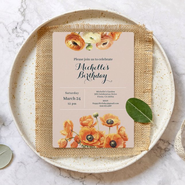 Orange Rosa Garden Blommigt oavsett ålder Födelsed Inbjudningar (Skapare uppladdad)