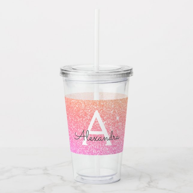 Orange Rosa Glitter & Gnistra Monogram födelsedag Take Away Mugg (Framsida)