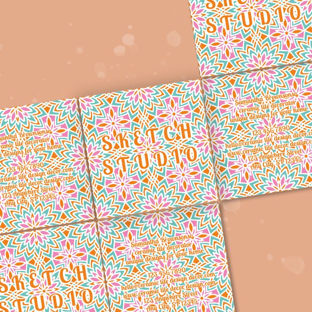 Orange Rosa Grön Kakel Regnbåge Prägling Fyrkantigt Visitkort (Orange Pink Green Tile Rainbow Emboss Square Business Card)
