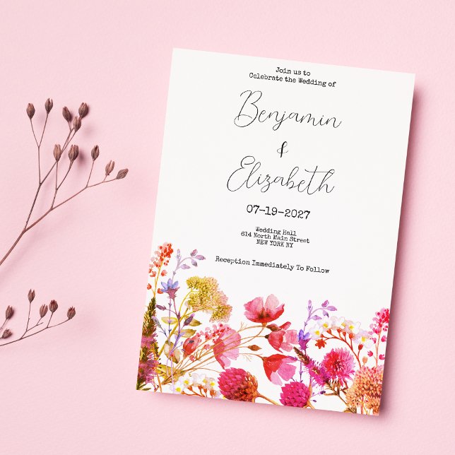 Orange rosa gult - sommarblomma i Bröllop Inbjudningar (Orange pink yellow wildflower summer Wedding)