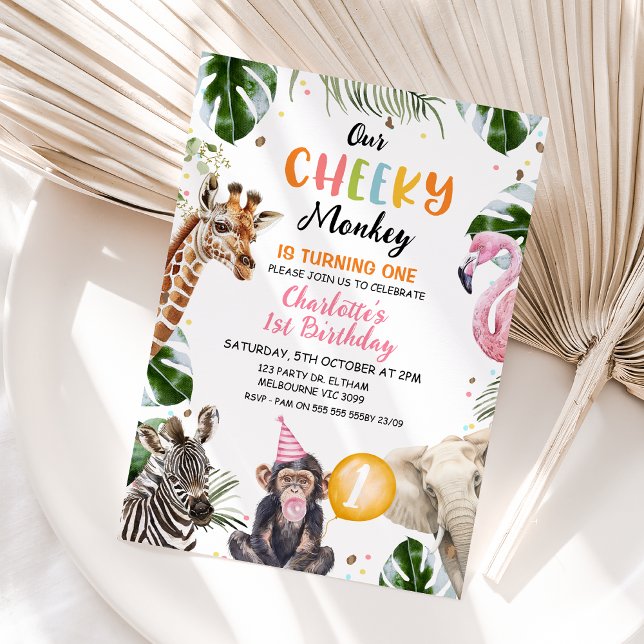 Orange Rosa Hat vår Cheeky Monkey Birthday Inbjudningar (Cheeky Monkey Birthday Invitation Template Girl, Printable Our Cheeky Monkey 1st Birthday Invite
)