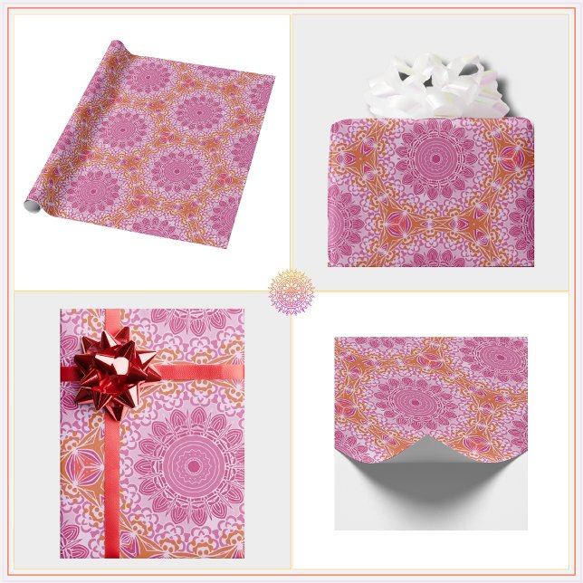 Orange Rosa Mandala Mönster Presentpapper (Cute, Girly, Pink and Orange Mandala Pattern with a Boho Vibe. Perfect for gift wrap!)