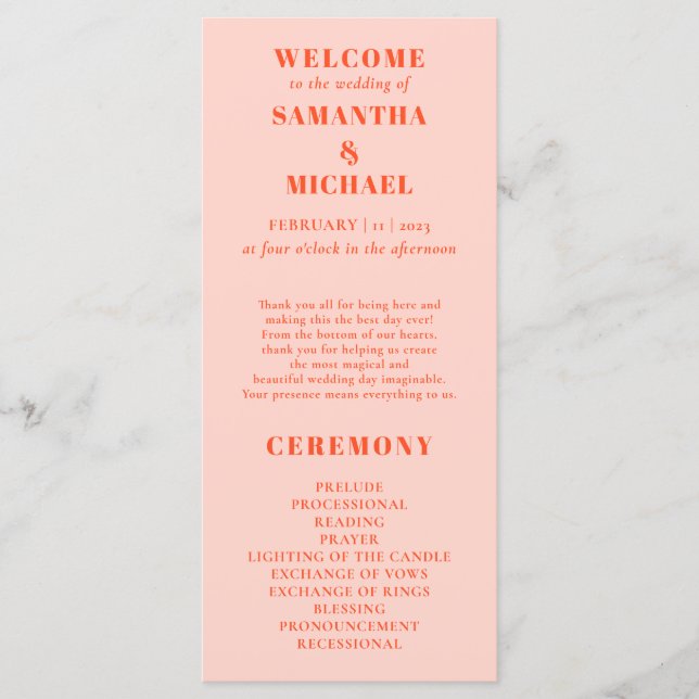 ORANGE ROSA minimalistiskt modernt program bröllop (Framsida)