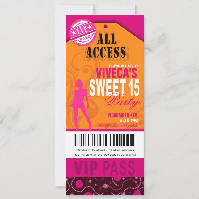 Orange, Rosa och Fuschia VIP Sweet 15 Biljett Inbjudningar (Framsida)