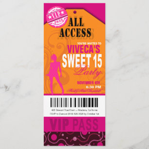 Orange, Rosa och Fuschia VIP Sweet 15 Biljett Inbjudningar