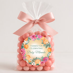 Orange Rosa Pojke Flicka Citrus Frukt Baby Shower Runt Klistermärke