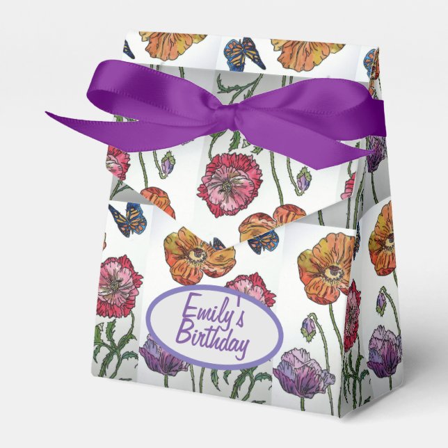 Orange Rosa Poppy Blommigt Birthday Cake Favbox Presentaskar (Framsidan Sidan)