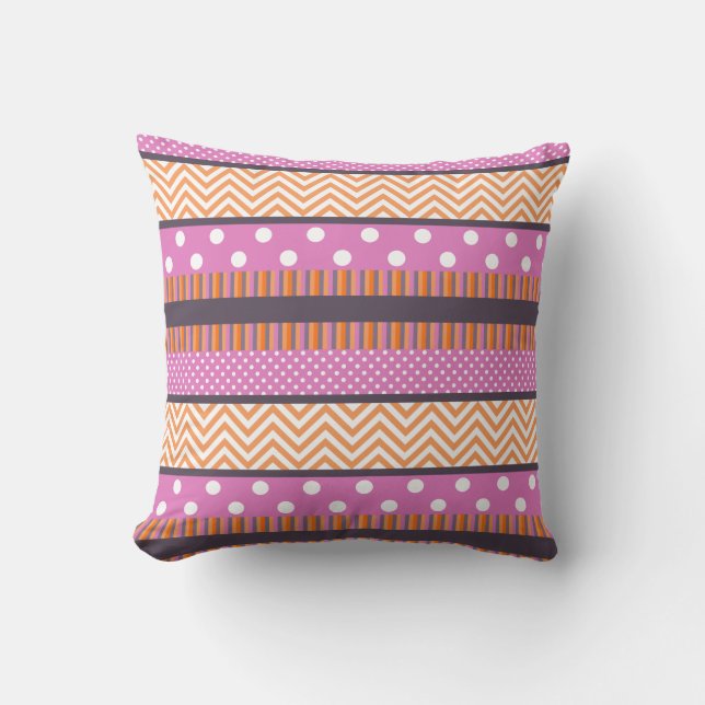 Orange & Rosa Rand Polka dots Chevron Mönster Kudde (Framsida)