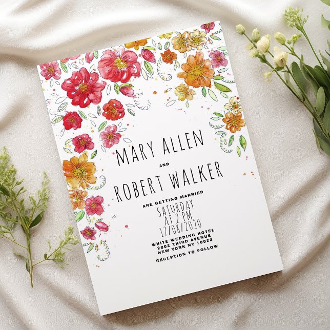 Orange rosa Red grönt blommigt land chic bröllop Inbjudningar (Orange pink red green floral country chic wedding)