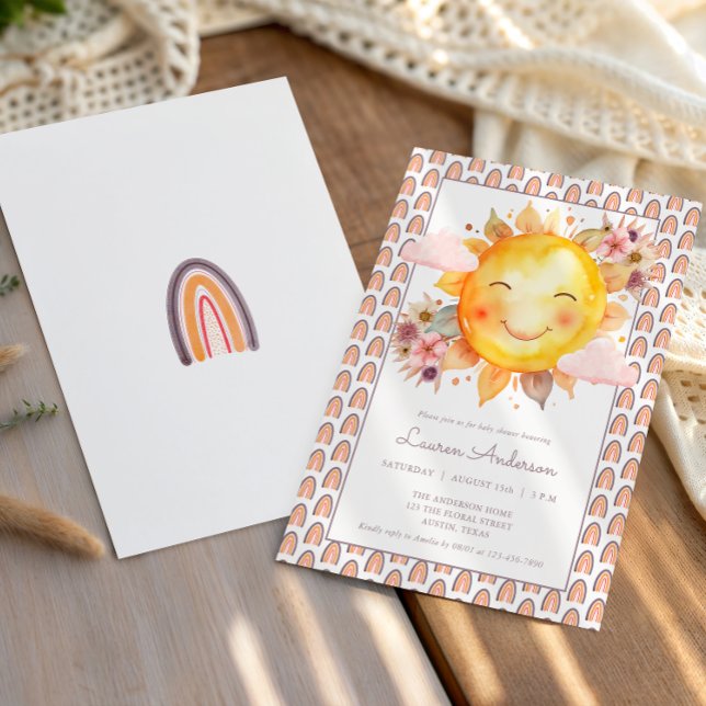 Orange Rosa Regnbåge Blommig Boho Sol Bebis Bebisb Inbjudningar (Skapare uppladdad)