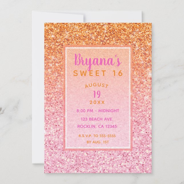 Orange Rosa Solnedgång Glitter Söt 16-års Födelsed Inbjudningar (Framsida)