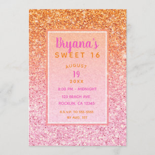 Orange Rosa Solnedgång Glitter Sweet 16 Födelsedag Inbjudningar