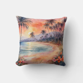 Orange Rosa Sunset Tropical Beach Handflatan Träd Kudde