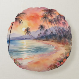 Orange Rosa Sunset Tropical Beach Handflatan Träd Rund Kudde