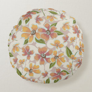 Orange Rosa Tropical Retro Blommigt Rund Kudde