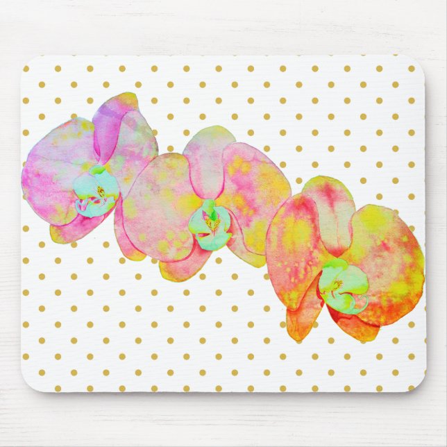 Orange rosa vattenfärgsorkidéer polka dots musmatta (Framsidan)