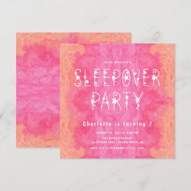 Orange Rosa Watercolor Starry Girls Sleepover Invi Inbjudningar (Fram/baksida)