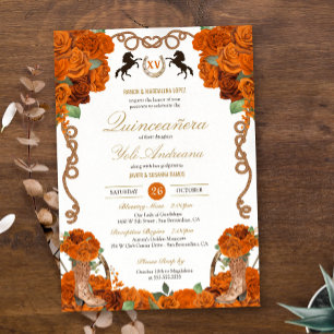 Orange Rose Blommig Charro Ranch Quinceañera Inbjudningar