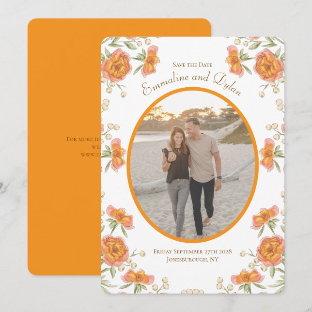 Orange Rose Bröllop Spara Datum Inbjudningar (Fram/baksida)